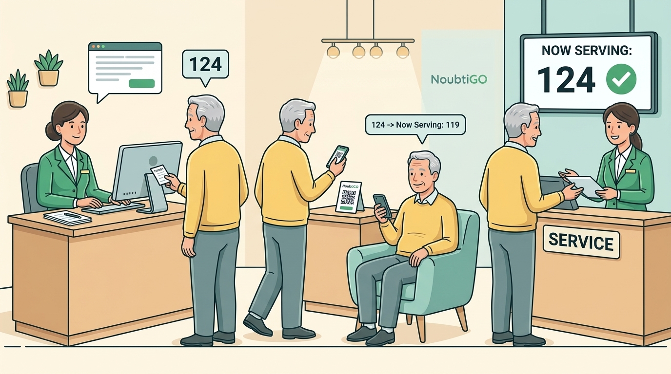 NoubtiGO Smart Queue Ecosystem: Staff Reception Check-in, Mobile QR Tracking, and Smooth Service Counter